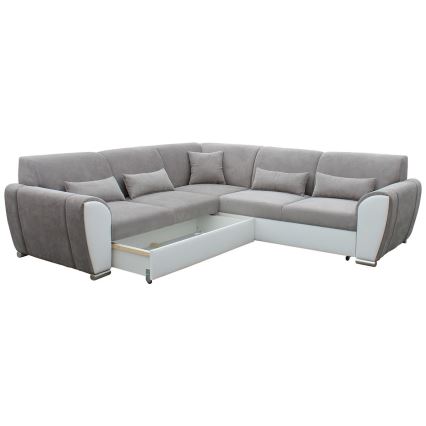Išskleidžiama kampinė sofa-lova su daiktadėže, L formos VISEU, kairinė, pilka/balta
