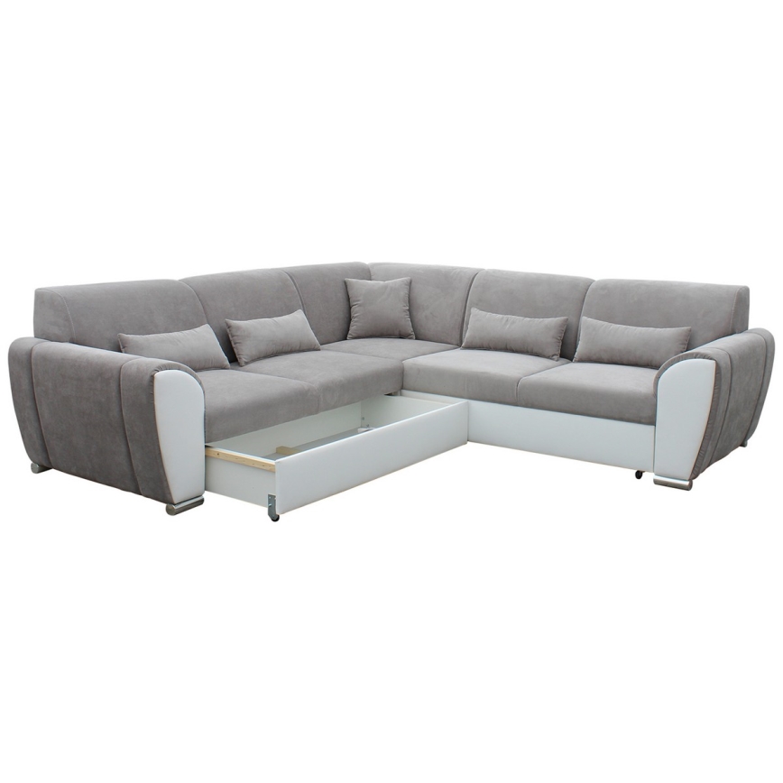 Išskleidžiama kampinė sofa-lova su daiktadėže, L formos VISEU, kairinė, pilka/balta