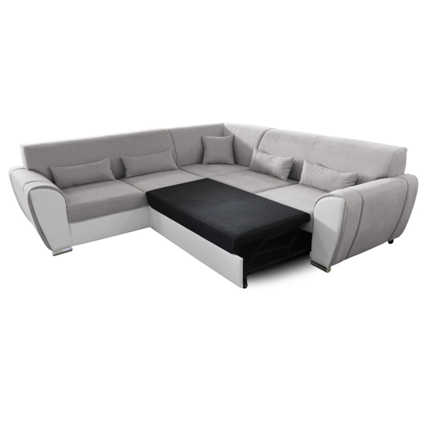 Išskleidžiama kampinė sofa-lova su daiktadėže, L formos VISEU, kairinė, pilka/balta
