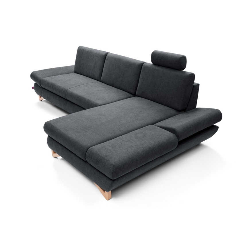 Išskleidžiama L formos kampinė apmušta sofa-lova AVESTA, dešinė, antracitas, su patalynės dėže