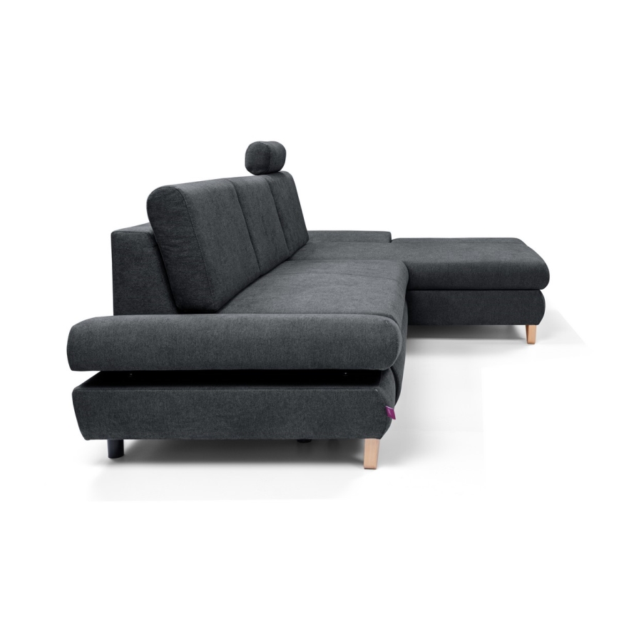 Išskleidžiama L formos kampinė apmušta sofa-lova AVESTA, dešinė, antracitas, su patalynės dėže
