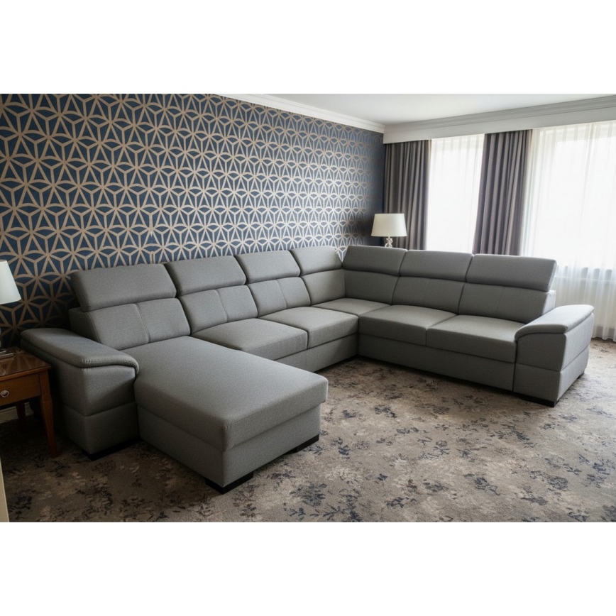 Išskleidžiama kampinė sofa su universaliu U formos kampu ir saugojimo vieta GRANADA tamsiai pilka