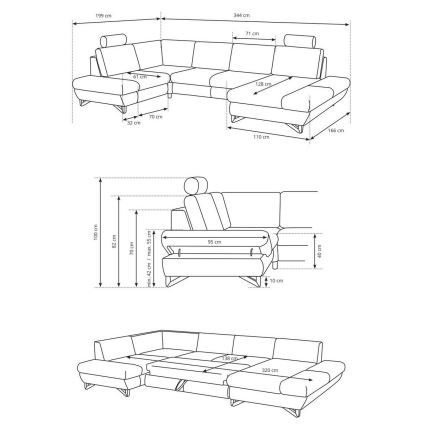 Išskleidžiama U formos kampinė apmušta sofa AVESTA su patalynės dėže, mėlyna