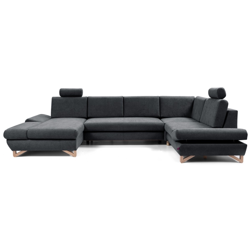 Išskleidžiama kampinė apmušta U formos sofa AVESTA su daiktų laikymo dėže, antracitas