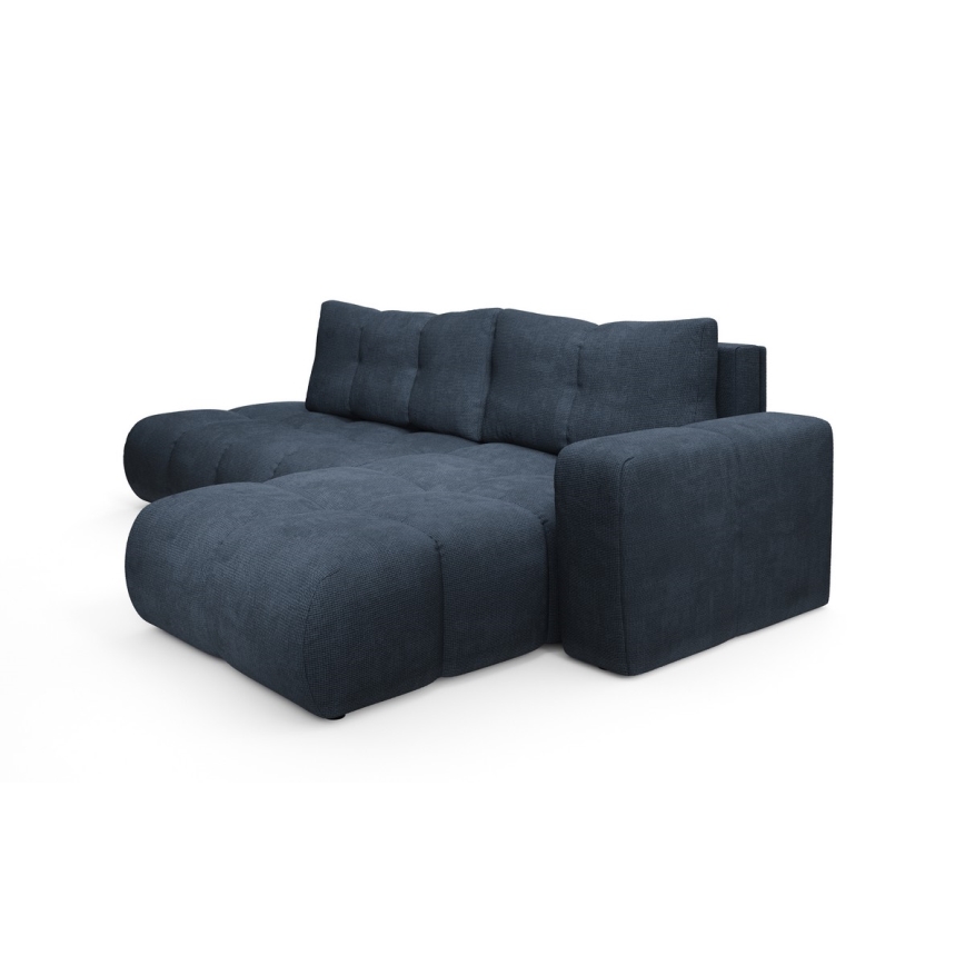 Išskleidžiama L formos apmušta kampinė sofa ALMADA, dešinė, mėlyna, su daiktų laikymo vieta