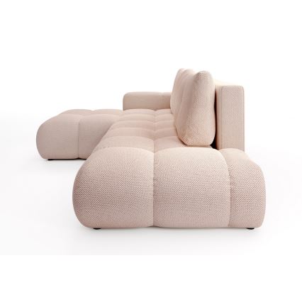 Išskleidžiama L formos kairinė kampinė sofa-lova ALMADA, rožinė, apmušta audiniu, su talpia daiktų dėže