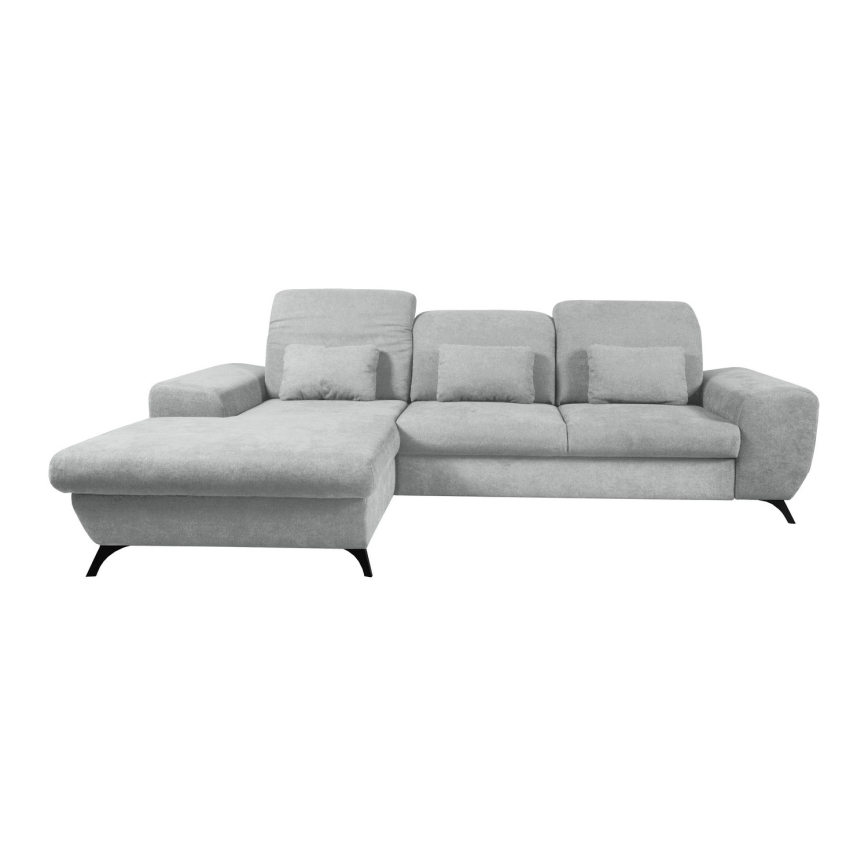 Išskleidžiama L formos apmušta kampinė sofa ALTA su patalynės dėže, kairinė, pilka