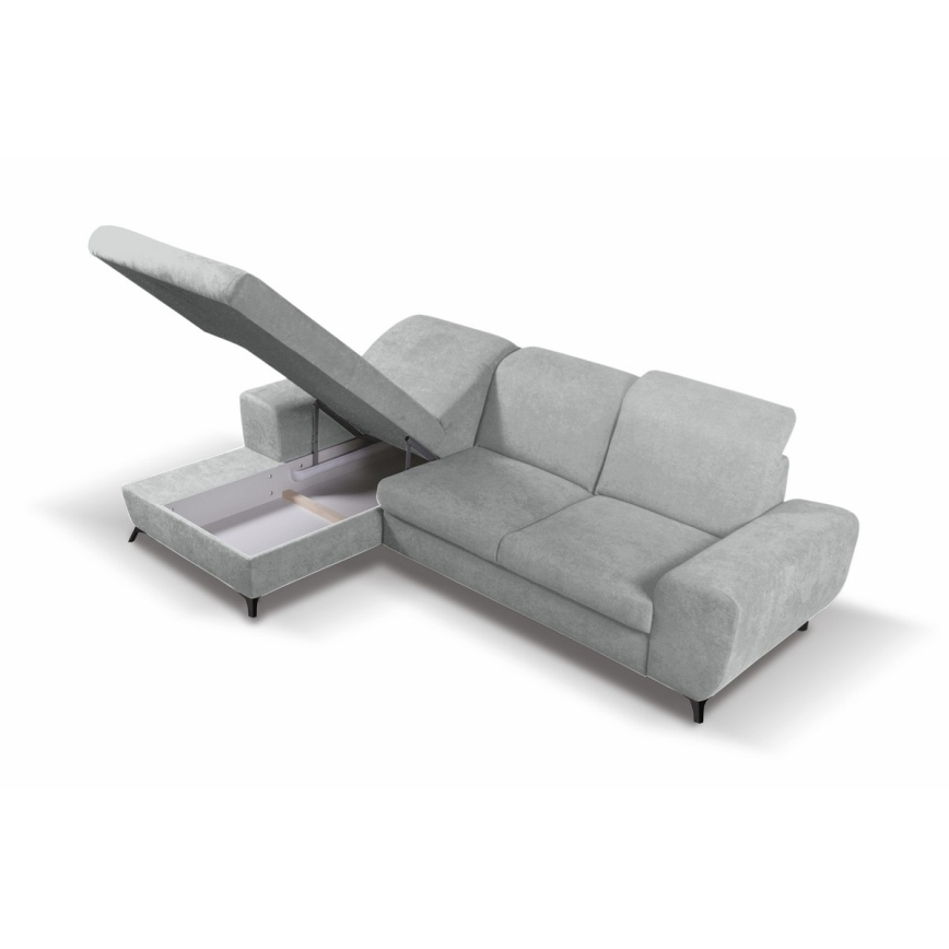 Išskleidžiama L formos apmušta kampinė sofa ALTA su patalynės dėže, kairinė, pilka