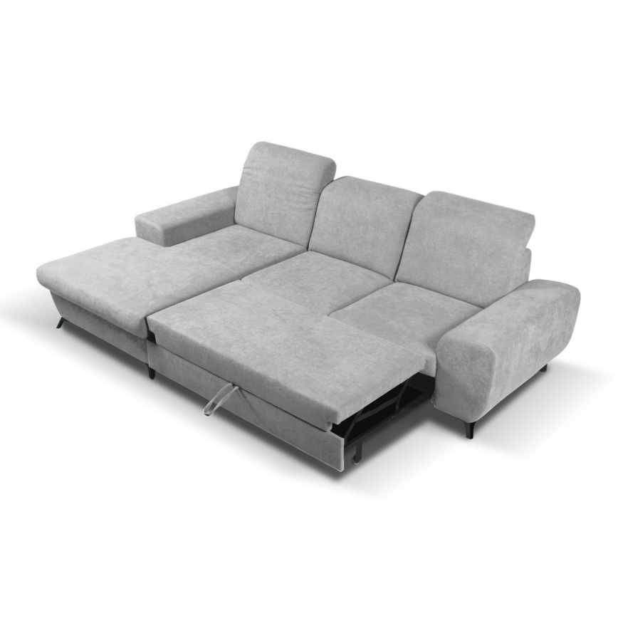 Išskleidžiama L formos apmušta kampinė sofa ALTA su patalynės dėže, kairinė, pilka