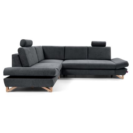Išskleidžiama apmušta L formos kampinė sofa AVESTA — kairinė, antracito spalvos, su miego funkcija ir talpia daiktų dėže