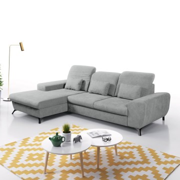 Išskleidžiama L formos apmušta kampinė sofa‑lova ALTA, kairinė, pilka, su patalynės dėže