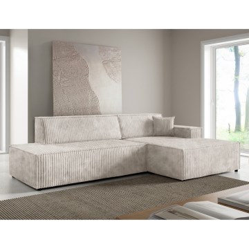 Išskleidžiama L formos dešininė kampinė sofa-lova TERAMO, smėlio spalvos, su patalynės dėže