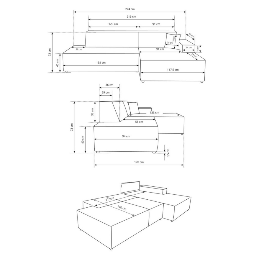 Išskleidžiama L formos dešininė kampinė sofa-lova TERAMO, smėlio spalvos, su patalynės dėže