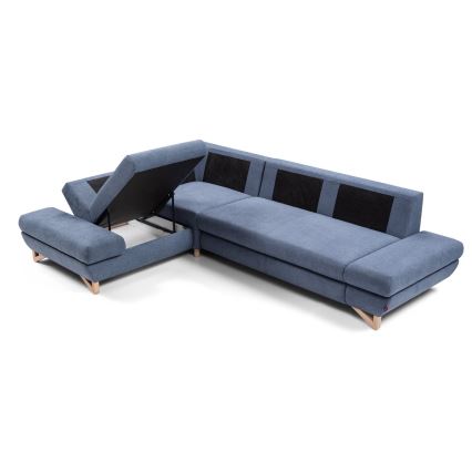 Išskleidžiama L formos apmušta kampinė sofa AVESTA, kairinė, mėlyna, su talpia daiktadėže