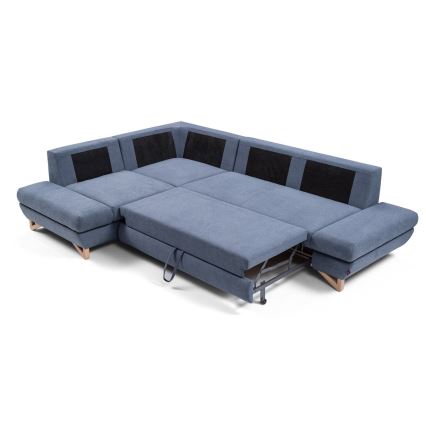 Išskleidžiama L formos apmušta kampinė sofa AVESTA, kairinė, mėlyna, su talpia daiktadėže