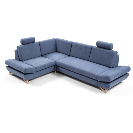Išskleidžiama L formos apmušta kampinė sofa AVESTA, kairinė, mėlyna, su talpia daiktadėže