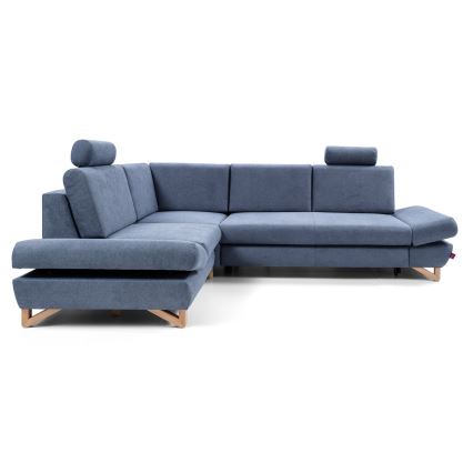 Išskleidžiama L formos apmušta kampinė sofa AVESTA, kairinė, mėlyna, su talpia daiktadėže