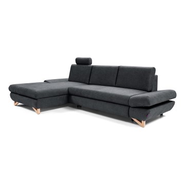 Išskleidžiama L formos kairinė kampinė minkšta sofa AVESTA su talpia daiktų saugykla, antracito spalvos