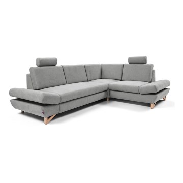 Išskleidžiama L formos kampinė apmušta sofa AVESTA, dešinė, pilka, su daiktų laikymo skyriumi
