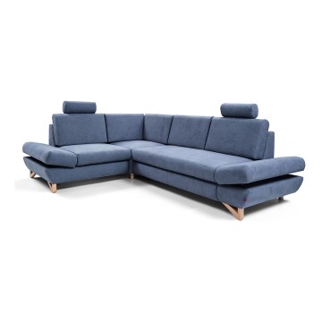 Išskleidžiama L formos kampinė apmušta sofa AVESTA, kairinė, mėlyna, su patalynės dėže