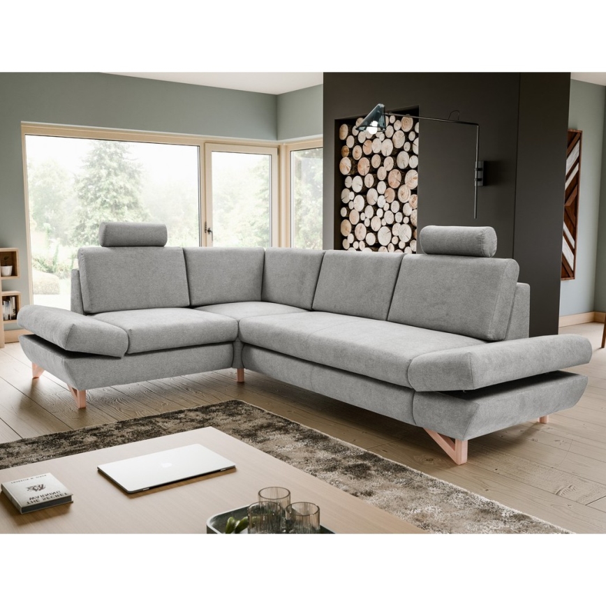 Išskleidžiama L formos kampinė apmušta sofa AVESTA, kairinė, pilka, su patalynės dėže