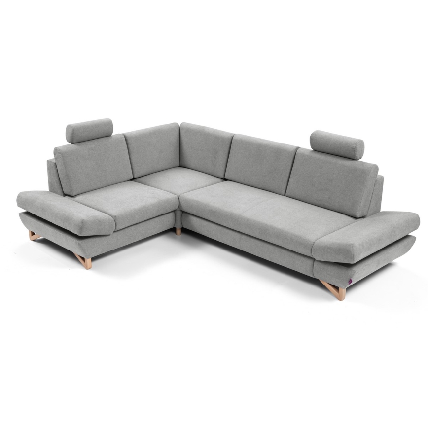 Išskleidžiama L formos kampinė apmušta sofa AVESTA, kairinė, pilka, su patalynės dėže