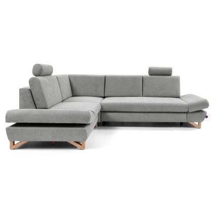Išskleidžiama L formos kampinė apmušta sofa AVESTA, kairinė, pilka, su patalynės dėže