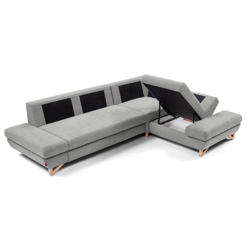 AVESTA L formos išskleidžiama apmušta kampinė sofa-lova su patalynės dėže, dešinės pusės, pilka