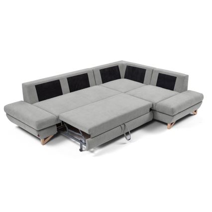 AVESTA L formos išskleidžiama apmušta kampinė sofa-lova su patalynės dėže, dešinės pusės, pilka