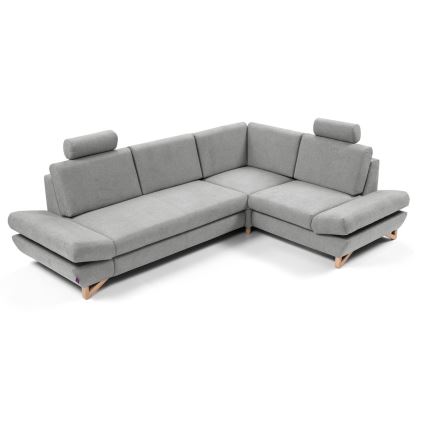 AVESTA L formos išskleidžiama apmušta kampinė sofa-lova su patalynės dėže, dešinės pusės, pilka