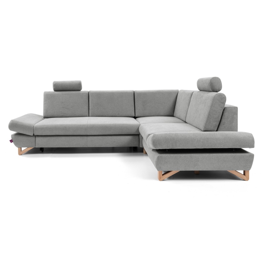 AVESTA L formos išskleidžiama apmušta kampinė sofa-lova su patalynės dėže, dešinės pusės, pilka