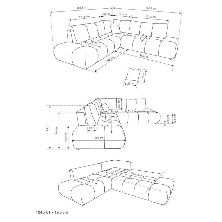Išskleidžiama dešininė L formos kampinė apmušta sofa ALMADA su talpia daiktadėže, smėlio spalvos