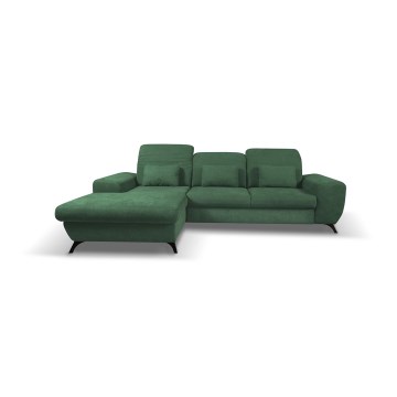 Išskleidžiama L formos kampinė apmušta sofa-lova ALTA, kairinė, žalia, su patalynės dėže