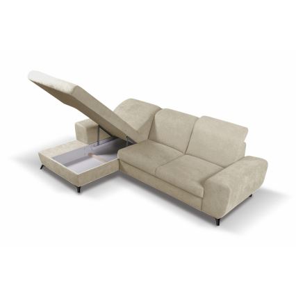 ALTA išskleidžiama kairinė L formos apmušta kampinė sofa su daiktų laikymo vieta, smėlio spalvos