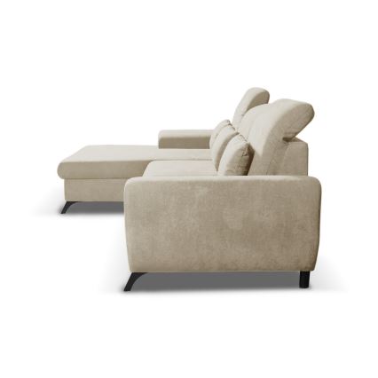 ALTA išskleidžiama kairinė L formos apmušta kampinė sofa su daiktų laikymo vieta, smėlio spalvos