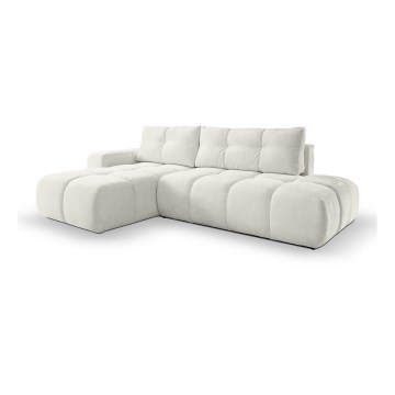 Išskleidžiama L formos kampinė apmušta sofa-lova su patalynės dėže ALMADA, kairinė, smėlio spalvos