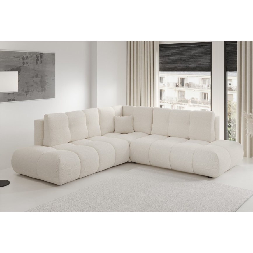 Išskleidžiama L formos kampinė apmušta sofa su daiktadėže ALMADA, kairinė, smėlinė