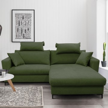 Išskleidžiama L formos kampinė sofa HORTA, dešinės pusės, žalia, su talpia daiktų dėže