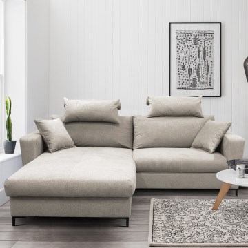 Išskleidžiama L formos kampinė sofa HORTA, kairinė, pilka, su patalynės dėže