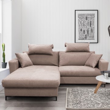 Išskleidžiama L formos kampinė sofa HORTA, kairinė, rožinė, su daiktadėže