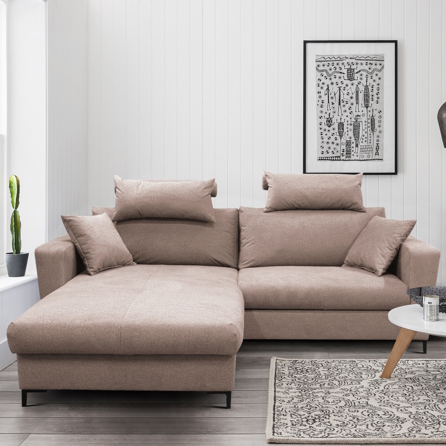 Išskleidžiama L formos kampinė sofa HORTA, kairinė, rožinė, su daiktadėže