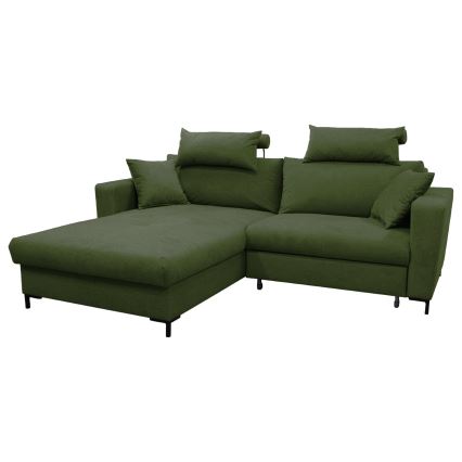 Išskleidžiama L formos kampinė sofa HORTA, kairinė, žalia, su patalynės dėže