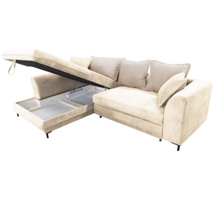 Išskleidžiama L formos kampinė sofa su talpia daiktadėže LAGOA, kairinė, smėlio/rudos spalvos