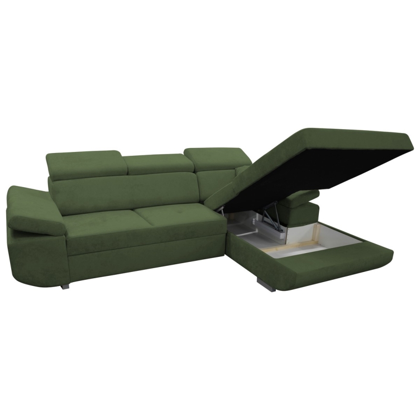 Išskleidžiama L formos kampinė sofa-lova CASTELO su talpia daiktų dėže, dešininė, žalia