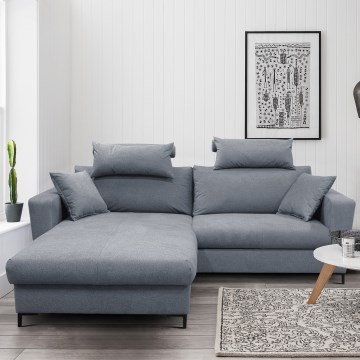 Išskleidžiama L formos kampinė sofa-lova HORTA, kairinė, tamsiai pilka, su daiktų laikymo skyriumi