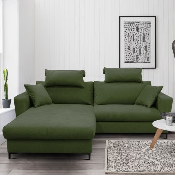 Išskleidžiama L formos kampinė sofa-lova HORTA su patalynės dėže, kairinė, žalia