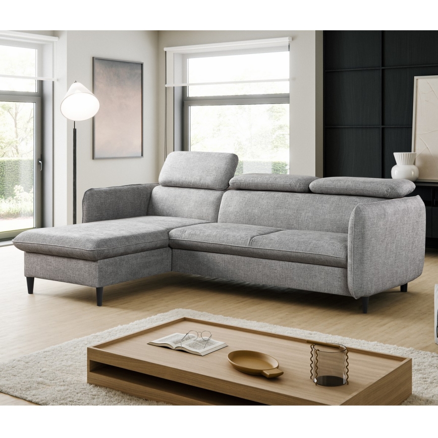 Išskleidžiama L formos kampinė sofa NISA su daiktų dėže, pilka, kairinė