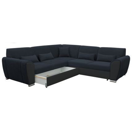 Išskleidžiama L formos kampinė sofa VISEU, kairinė, su daiktų laikymo vieta, antracito/juodos spalvos