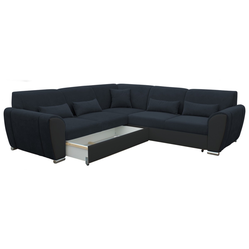 Išskleidžiama L formos kampinė sofa VISEU, kairinė, su daiktų laikymo vieta, antracito/juodos spalvos