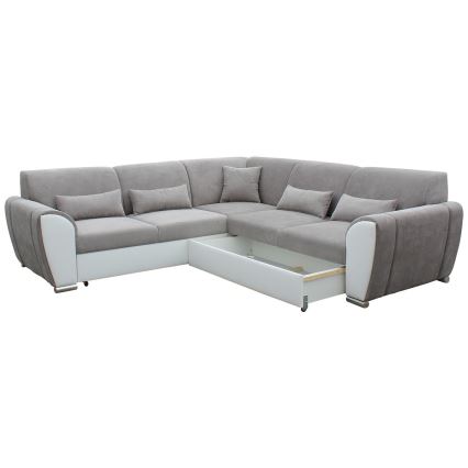 Išskleidžiama L formos kampinė sofa VISEU su daiktų laikymo vieta, dešinė, pilka/balta